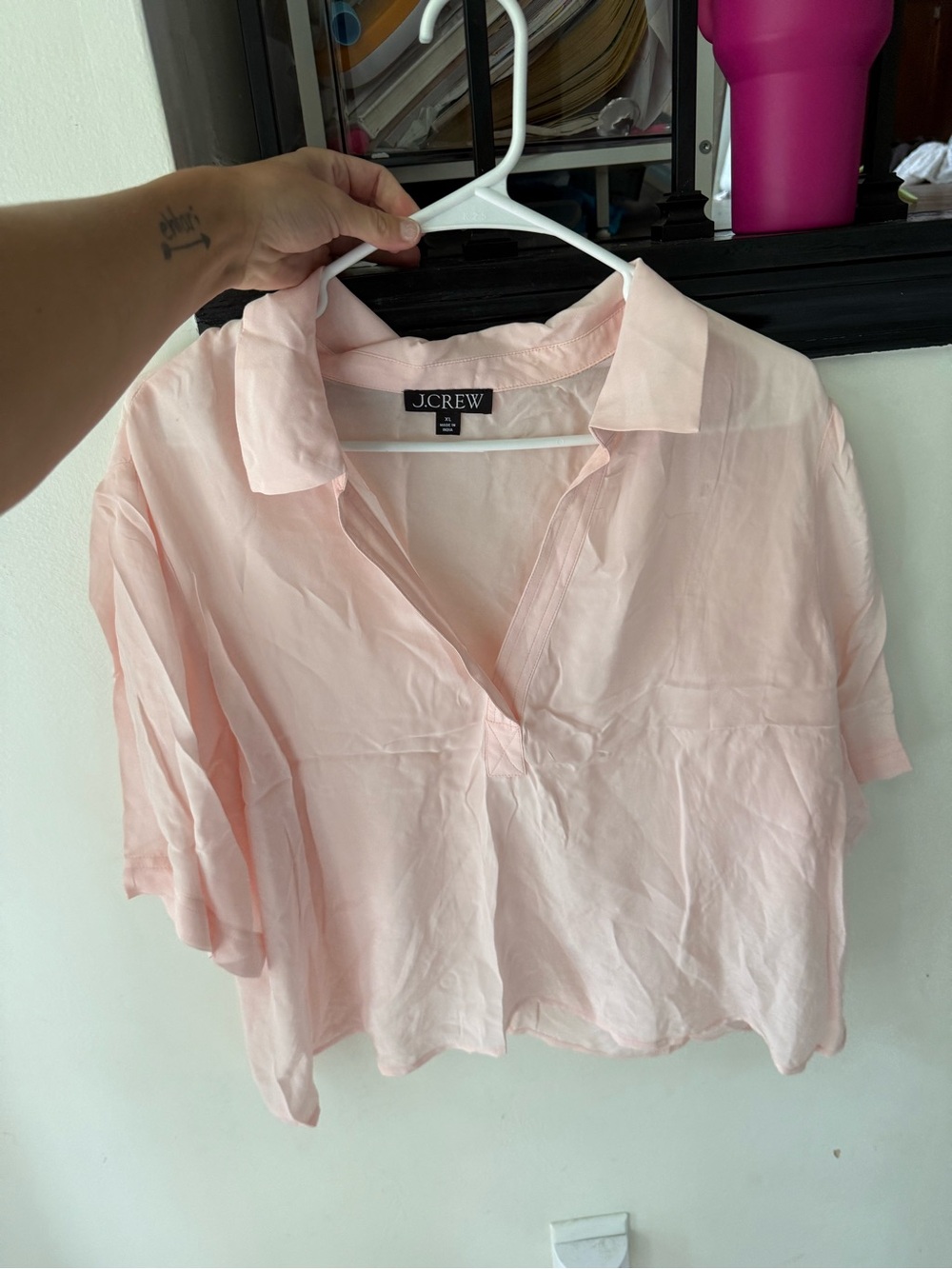 J. Crew Light Pink V-Neck Collared Short Sleeve Blouse